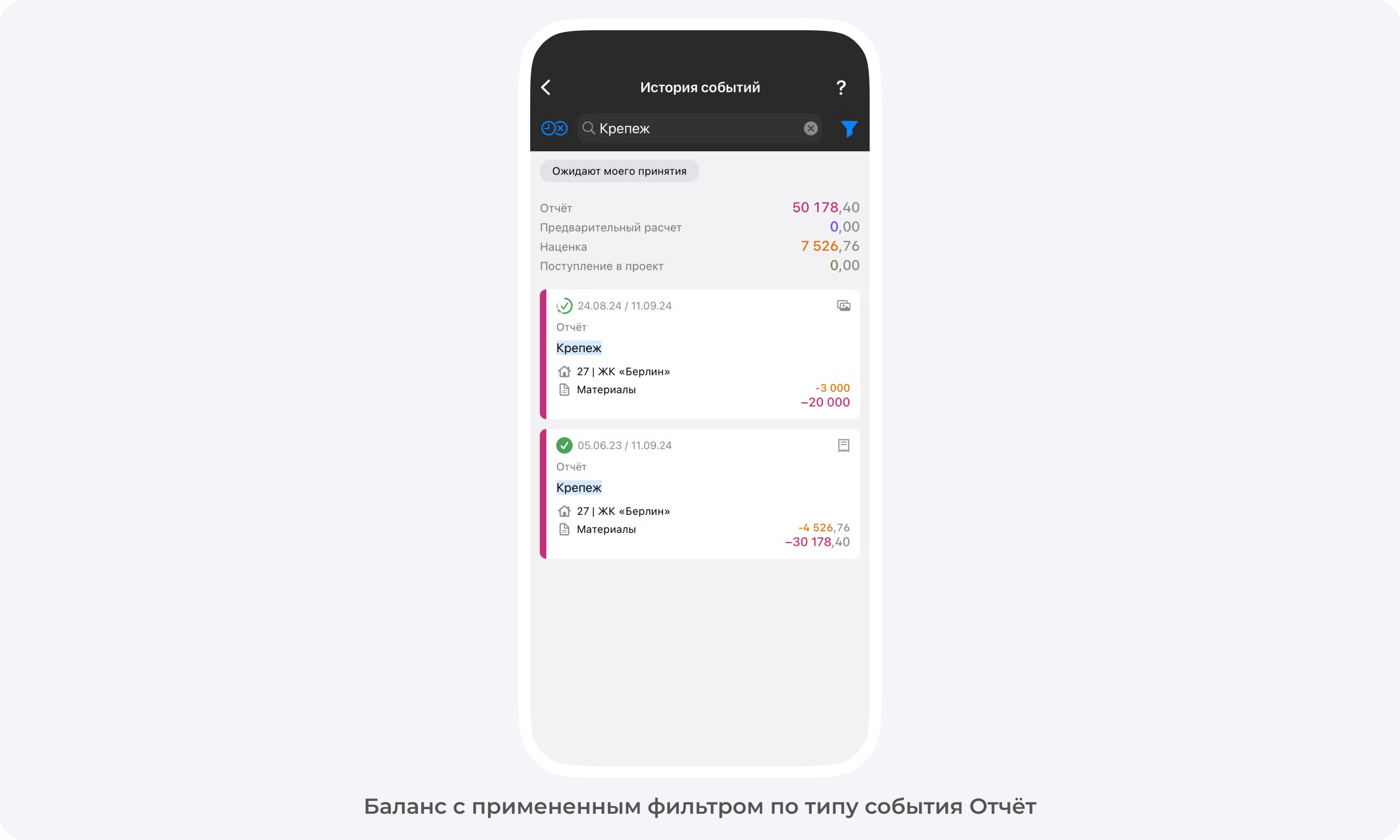 Баланс с примененным фильтром в приложении 101