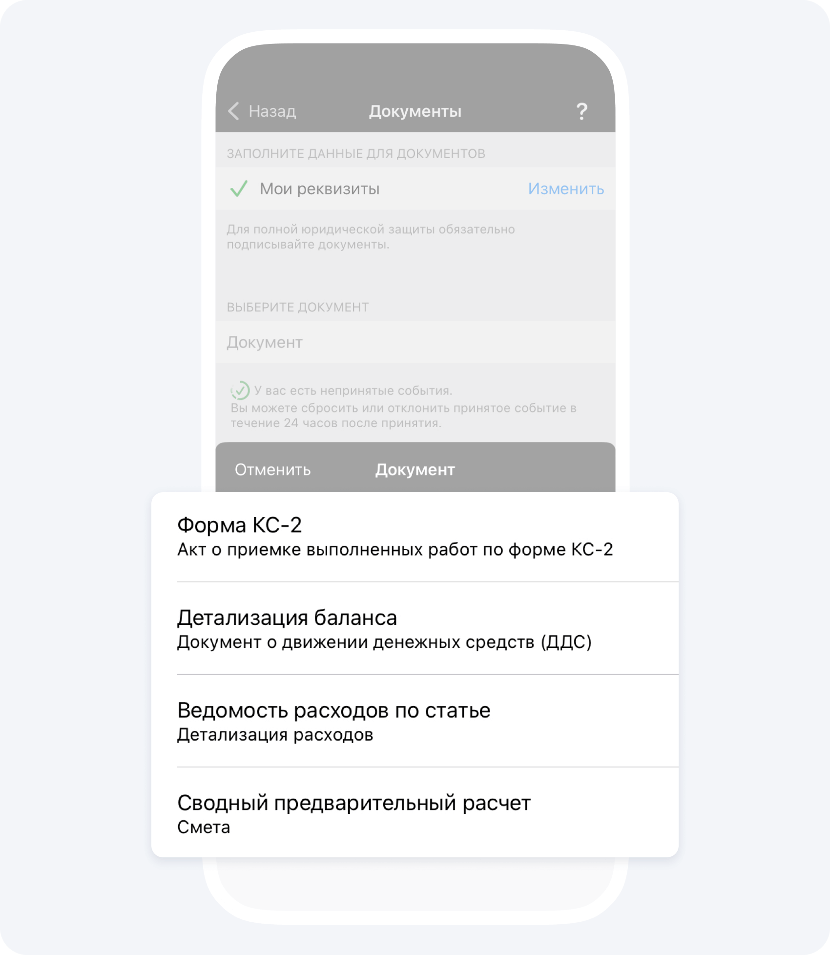Раздел Документы в Приложении 101